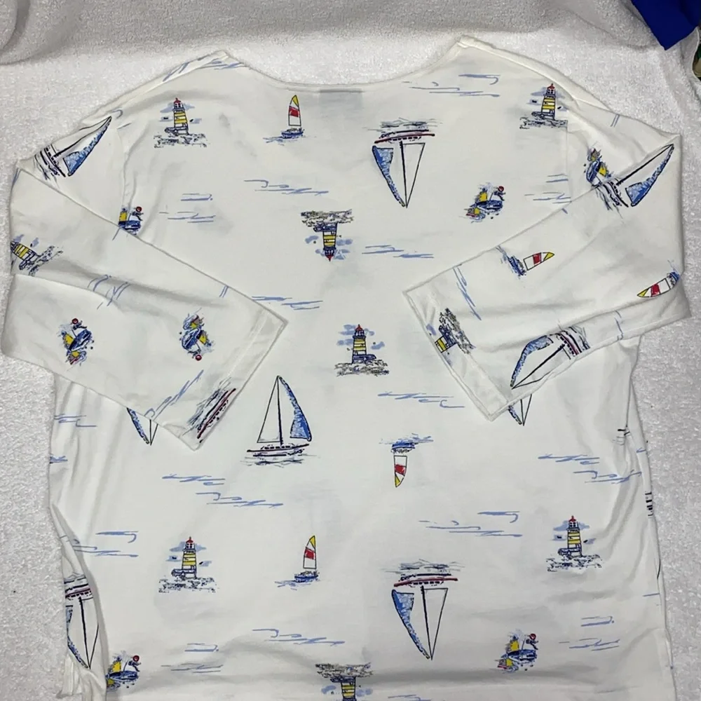 Palm Harbor White Nautical Print lighthouse sailboat vneck pullover 2x - Picture 6 of 7